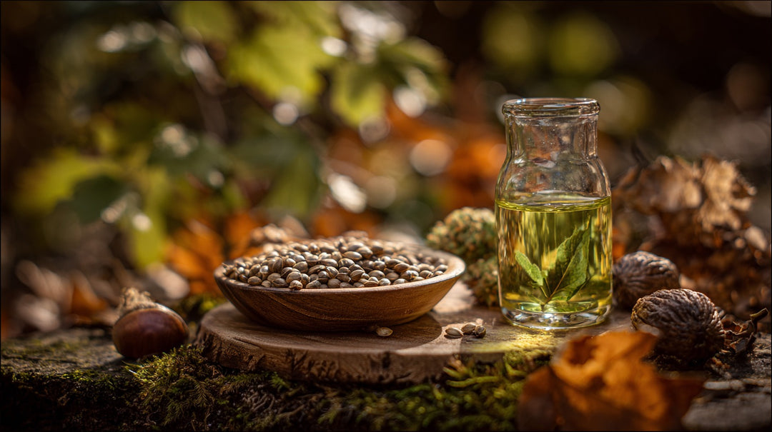 Hanfsamen neben einem Öl auf einem Baumstamm