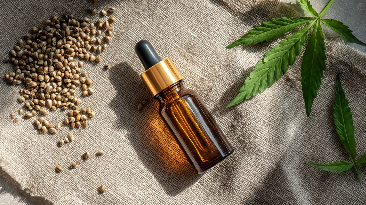 Ein CBD Öl gegen Panik neben Hanfsamen